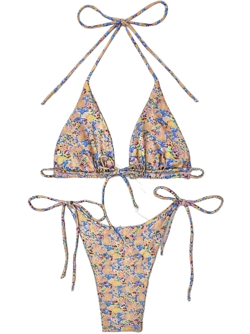 Floral Tie-String Triangle Bikini Set - Peach Floral - MED/LG